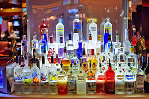 Bright display of vodka bottles at Bellagio Pub in Las Vegas by Marco Brivio