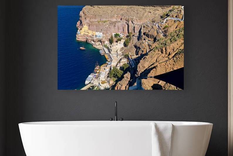 Santorini Fira port cable car donkeys and boats. by Marco Brivio