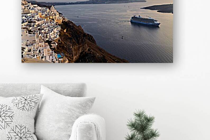 Santorini village and cruise ship at sunset. by Marco Brivio