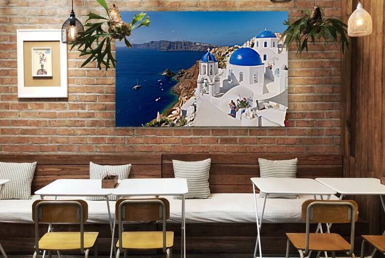 Picturesque Santorini: blue domes white buildings and caldera  by Marco Brivio