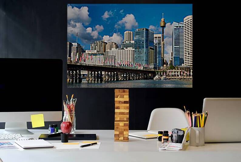 Sydney Harbour skyline with bridge and boats. by Marco Brivio