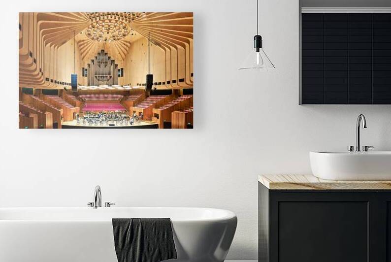 Orchestra rehearses in a modern concert hall with wooden interio by Marco Brivio