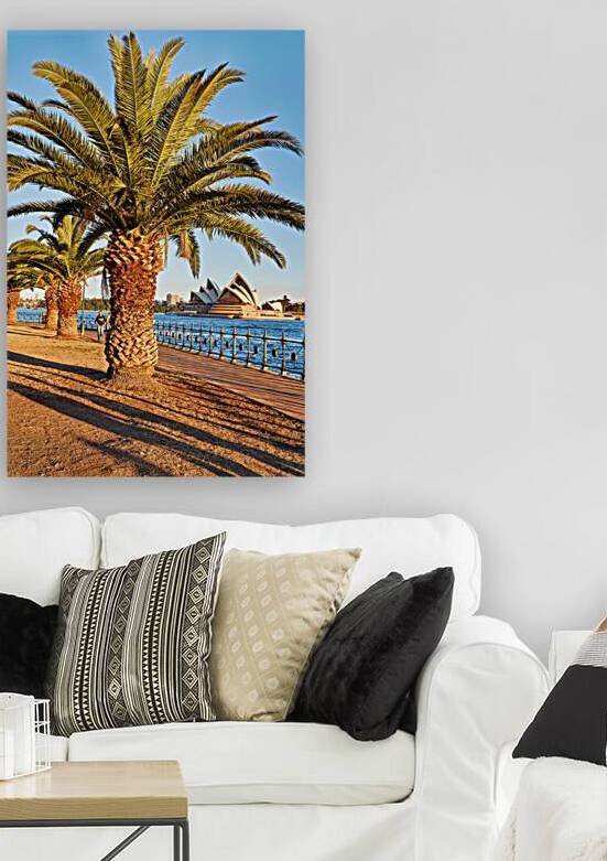 Palm trees line Sydney Harbour with Opera House in background. by Marco Brivio