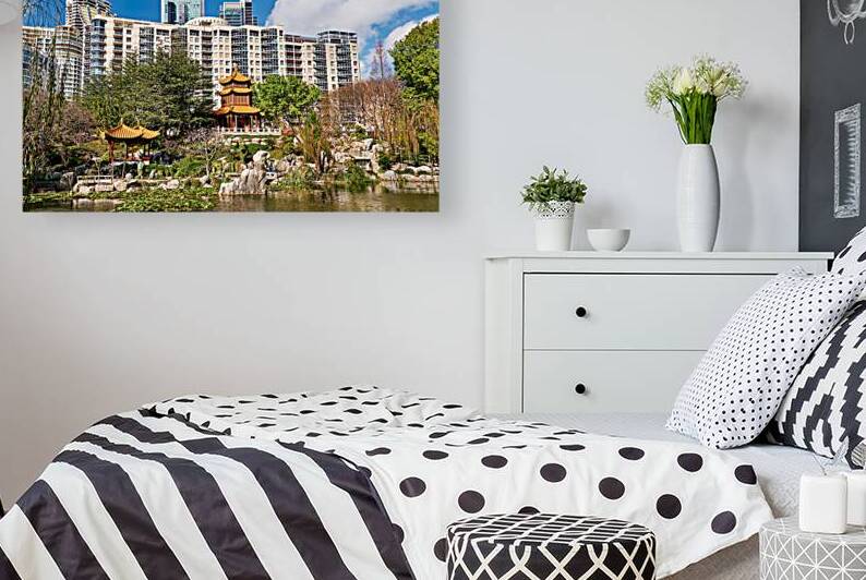 Chinese garden with pagodas and modern buildings by Marco Brivio