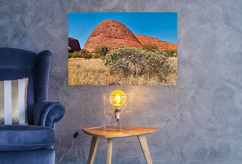 Red rock formations with yellow flowers under a blue sky. by Marco Brivio