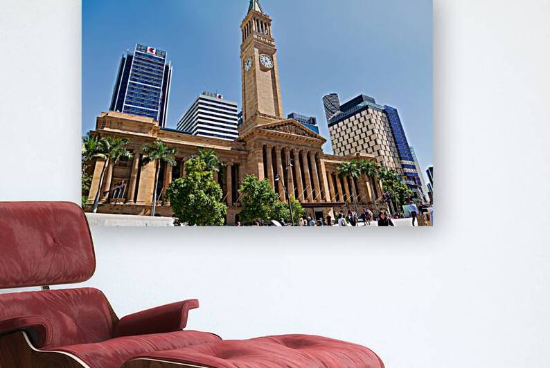 Brisbane City Hall with modern buildings and palm trees. by Marco Brivio
