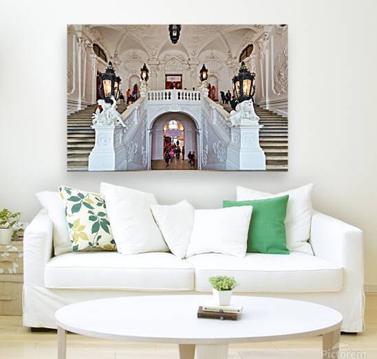 Grand baroque staircase with sculptures and visitors. by Marco Brivio