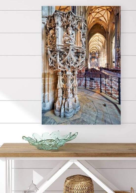 Ornate stone pulpit dominates a grand vaulted cathedral interio by Marco Brivio