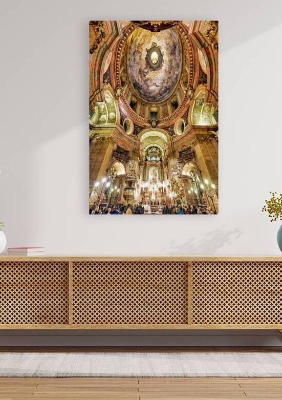 Stunning baroque church interior with painted dome and worshiper by Marco Brivio