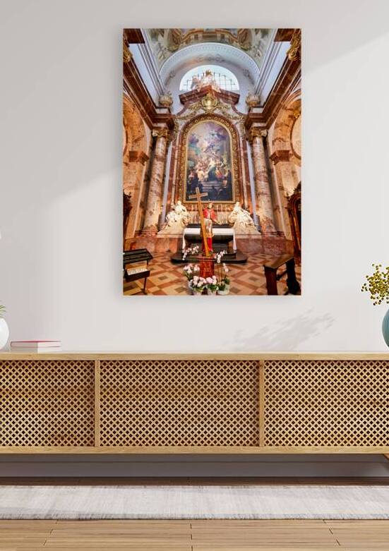 Baroque church interior altar painting and saint statue. by Marco Brivio