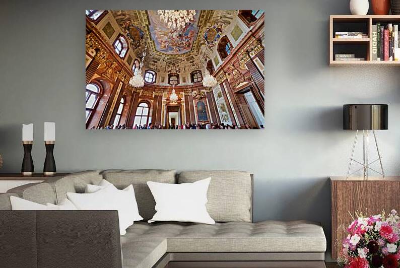 Ornate baroque hall with painted ceiling and chandeliers. by Marco Brivio