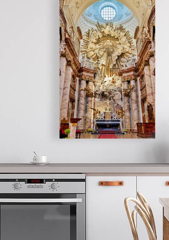 Ornate Baroque church interior with grand altar and religious sc by Marco Brivio