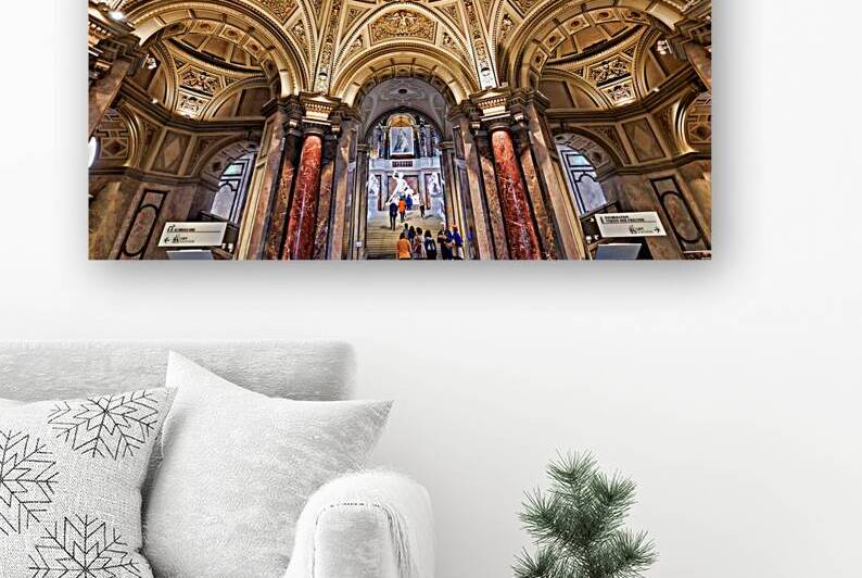 Grand ornate museum interior with decorative ceiling and column by Marco Brivio