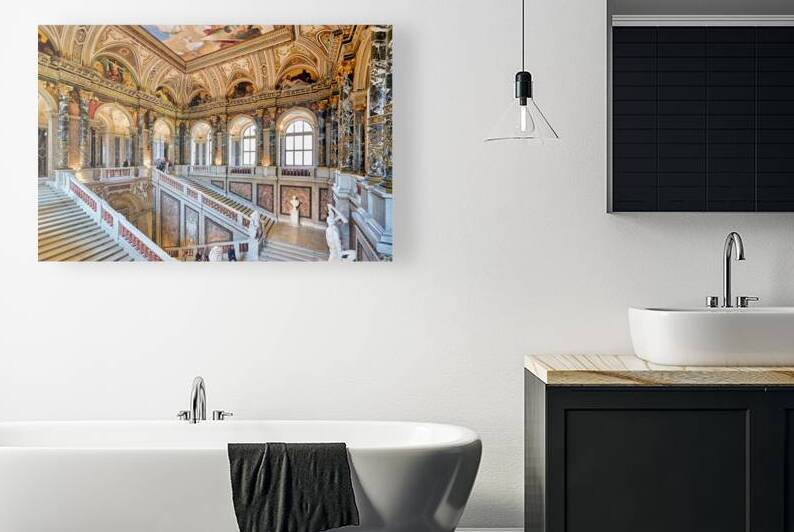 Opulent museum interior featuring grand staircase art and arch by Marco Brivio