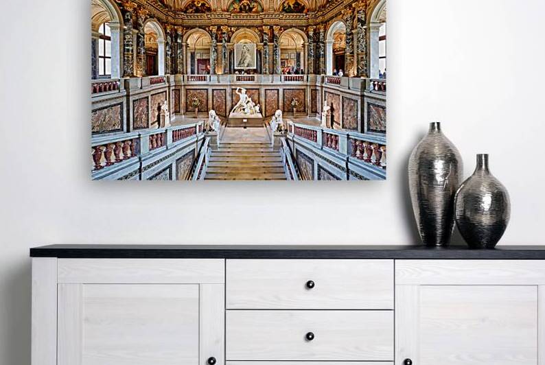 Grand ornate museum interior with staircase statues and paint by Marco Brivio