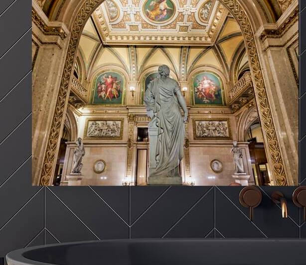 Ornate hall with classical statue and elaborate ceiling art. by Marco Brivio