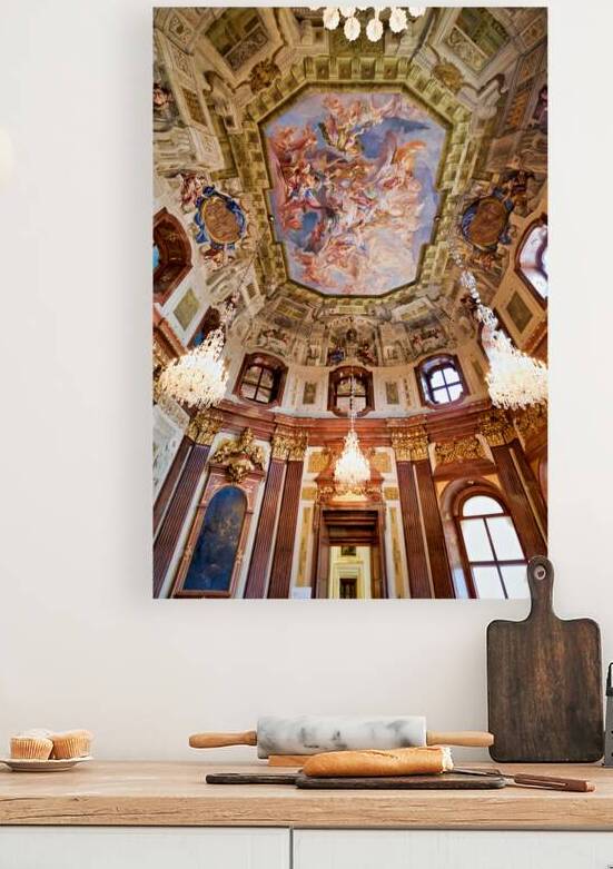 Grand baroque hall with elaborate ceiling fresco and crystal cha by Marco Brivio