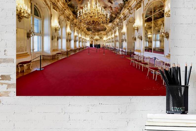 Luxurious palace interior with red carpet chandeliers and orna by Marco Brivio