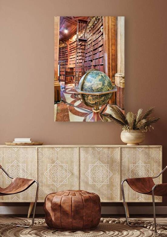 Historic library interior with globe books and rolling ladder. by Marco Brivio