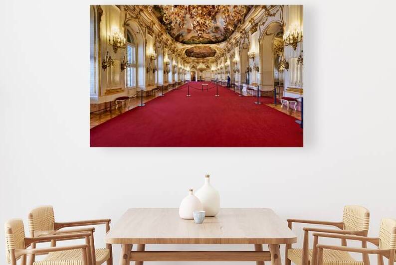 Stunning gilded palace hall with red carpet and chandeliers. by Marco Brivio