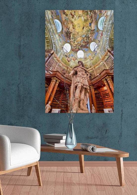 Grand baroque library with frescoed ceiling and central statue. by Marco Brivio