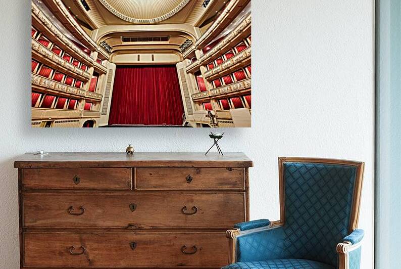 Grand opera house interior with red stage curtain and balconies. by Marco Brivio