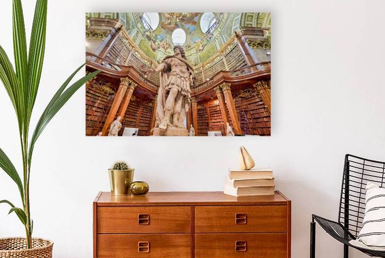 Grand baroque library with statue and painted ceiling. by Marco Brivio