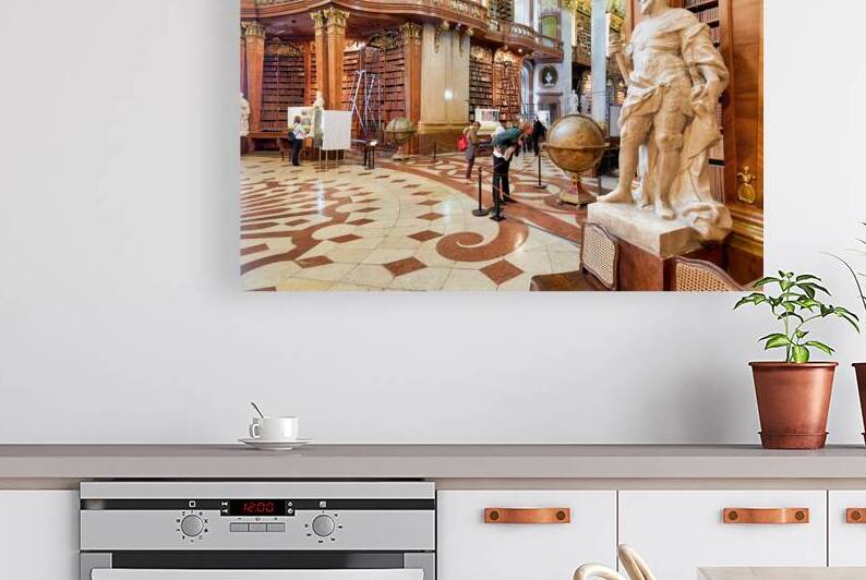 Ornate library interior with towering bookshelves statues glob by Marco Brivio
