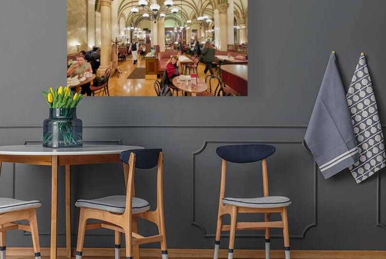 Elegant cafe bustling with customers and waiters. by Marco Brivio