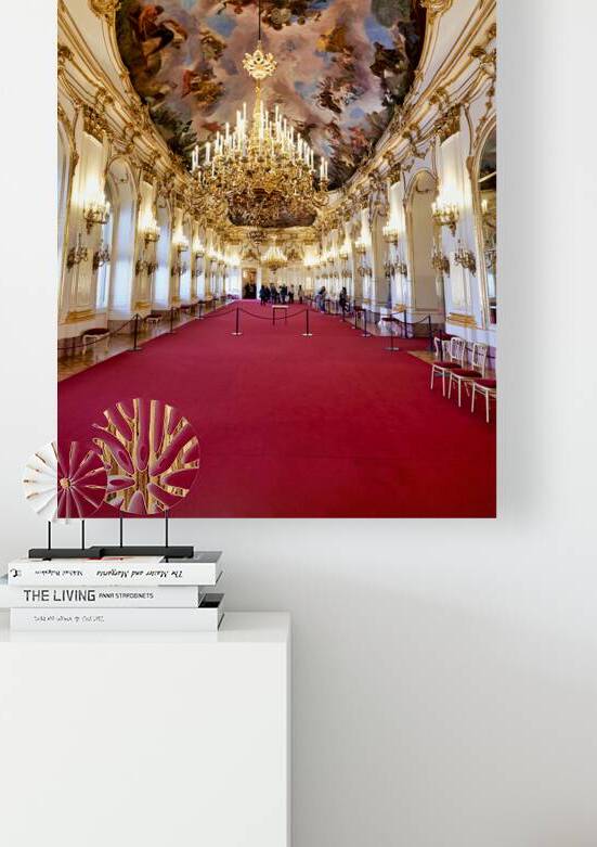 Ornate palace hall with chandeliers painted ceiling and red ca by Marco Brivio