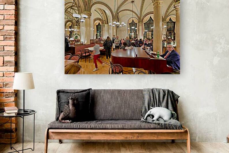 Ornate cafe interior bustling with people and a grand piano. by Marco Brivio