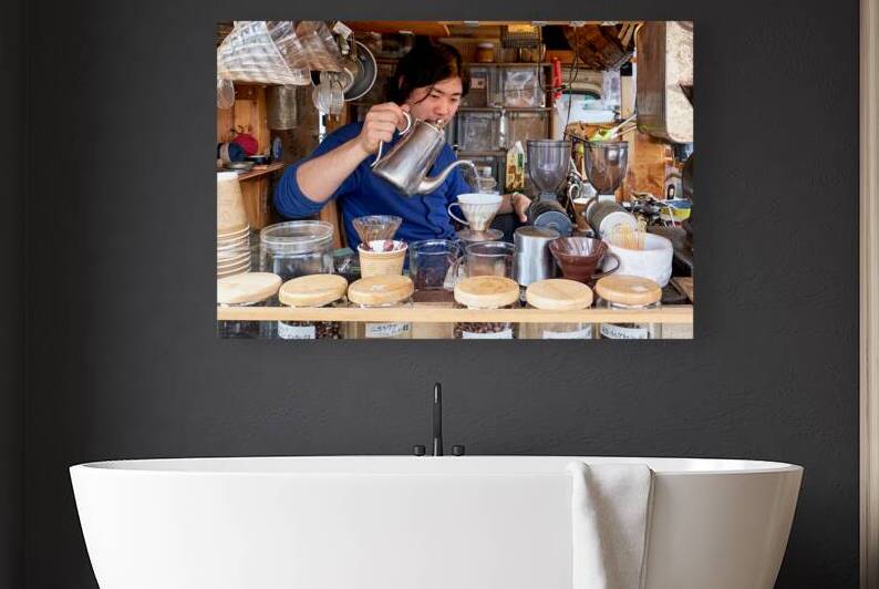 Street stall in Tokyo serving coffee and tea to customers by Marco Brivio