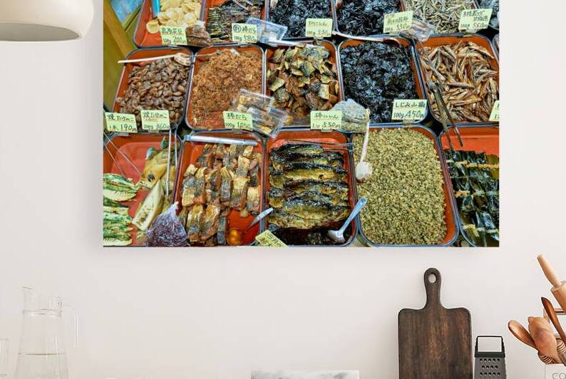 Market scene in Nishiki Market with various seafood and snacks by Marco Brivio