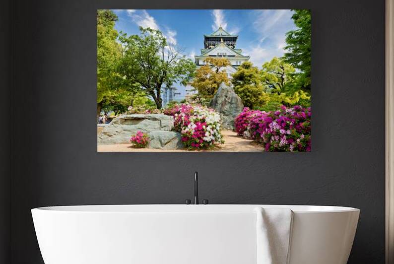 Osaka Castle in Kansai Japan surrounded by flowers and trees by Marco Brivio