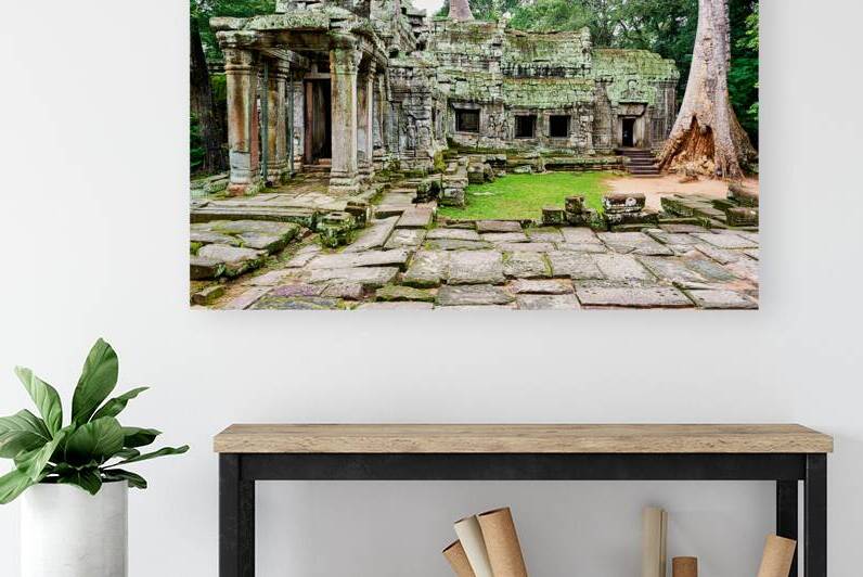 Moss covered ancient temple ruins with large trees. by Marco Brivio