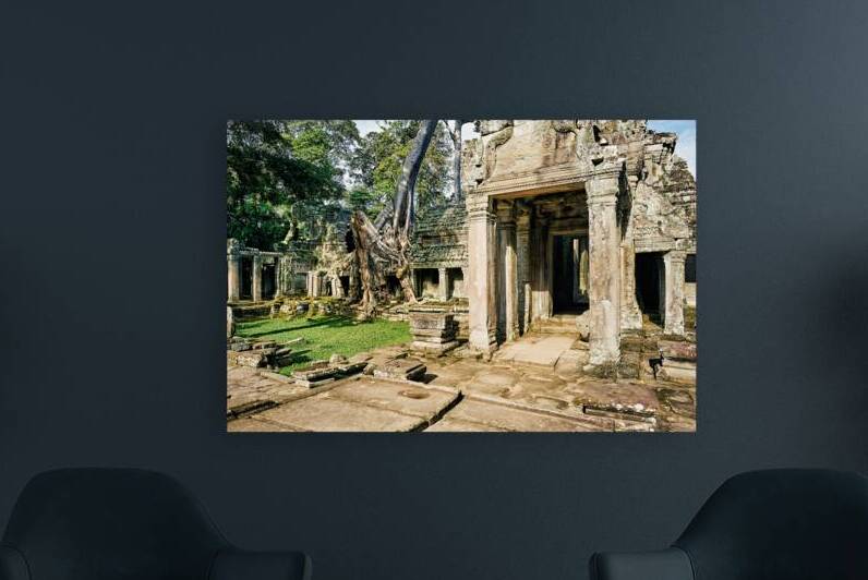 Ancient temple ruins overgrown by massive tree roots. by Marco Brivio