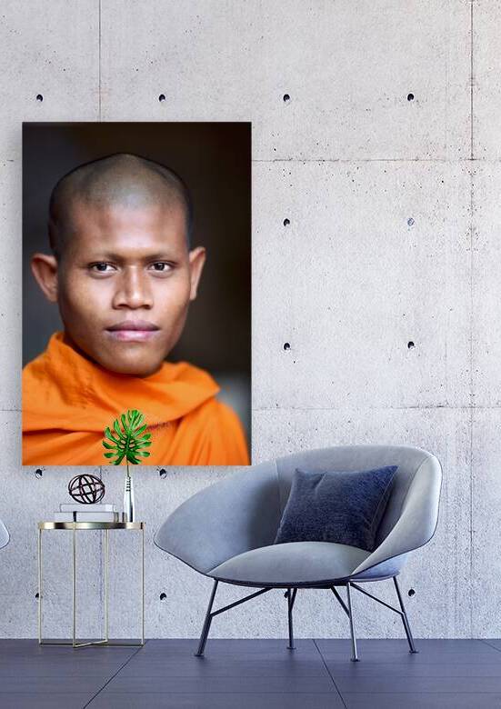 Young Buddhist monk in orange robe close up portrait. by Marco Brivio