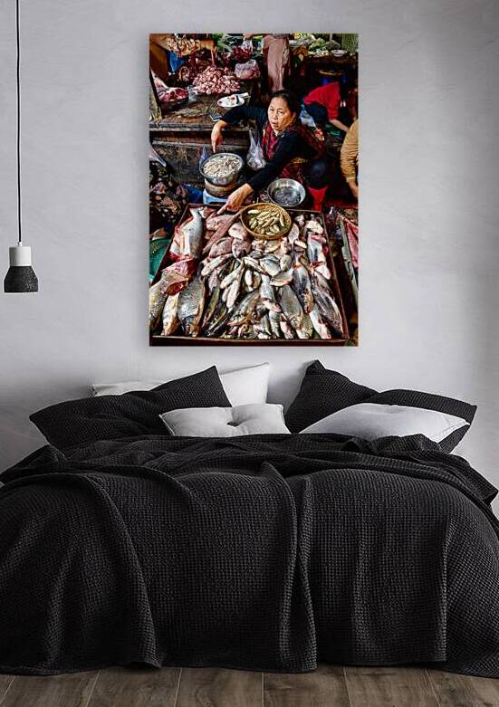 Asian market vendor selling fresh fish and meat. by Marco Brivio