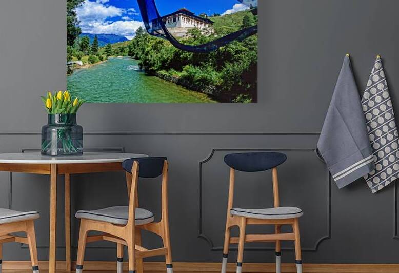 Bhutanese monastery river mountains and prayer flag. by Marco Brivio