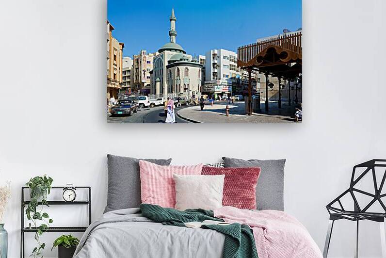 Middle Eastern street scene with mosque and market in Dubai UAE by Marco Brivio