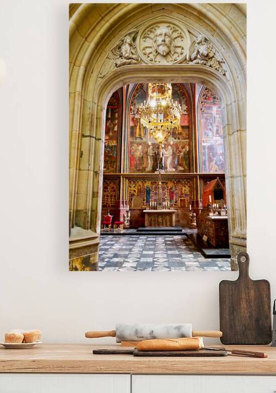Gothic archway frames ornate church interior with altar and mura by Marco Brivio