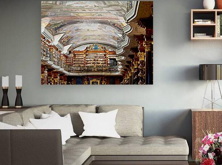 Grand baroque library with painted ceilings and countless books. by Marco Brivio