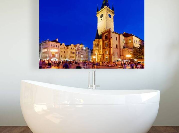 Prague Old Town Square Astronomical Clock bustling at night. by Marco Brivio