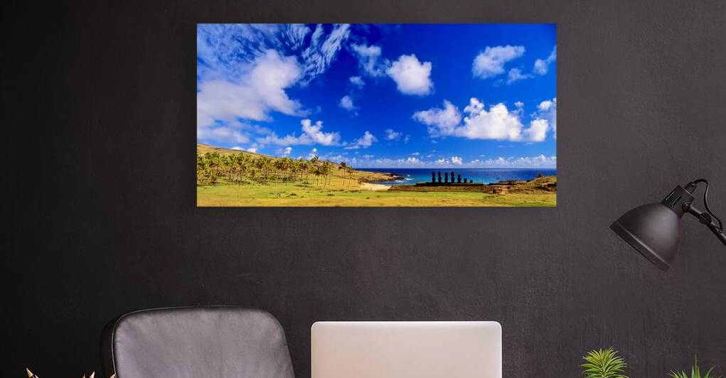 Moai statues palm trees and beach on Easter Island. by Marco Brivio