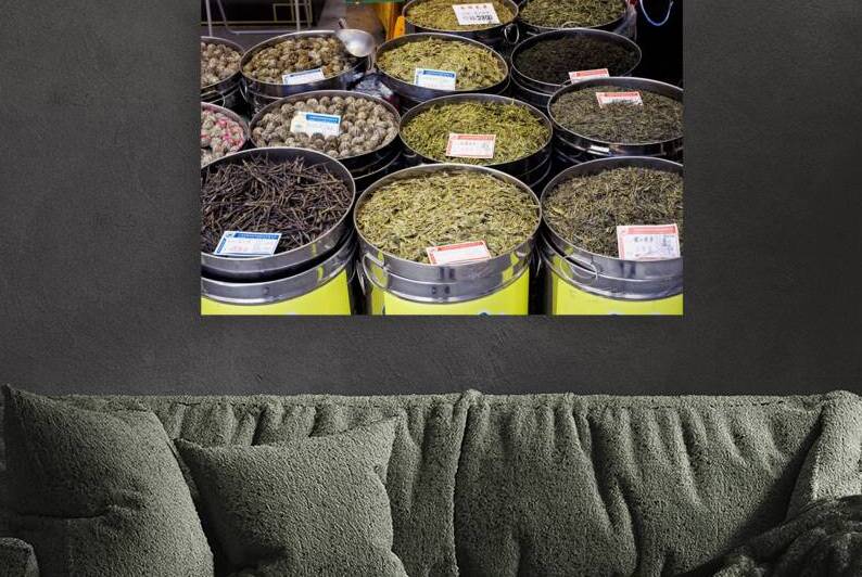 Assortment of teas for sale in metal bins at market in Shanghai by Marco Brivio