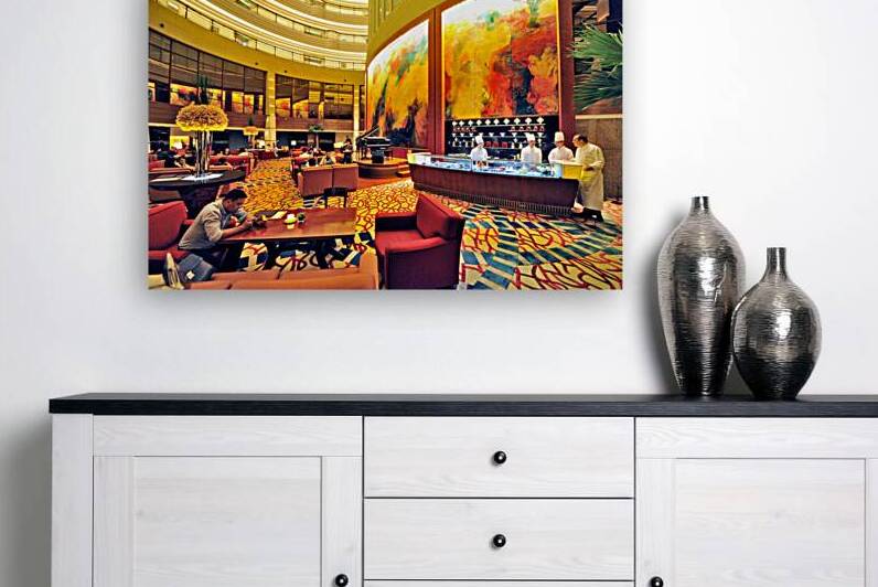 Grand hotel lobby in Shanghai with guests and chefs present by Marco Brivio