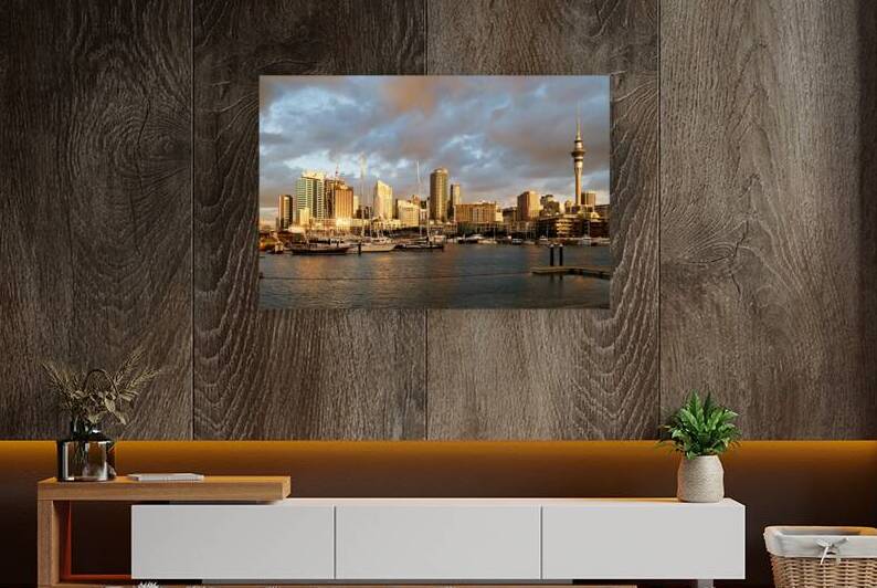 Auckland skyline at sunset from Viaduct Harbour by Marco Brivio