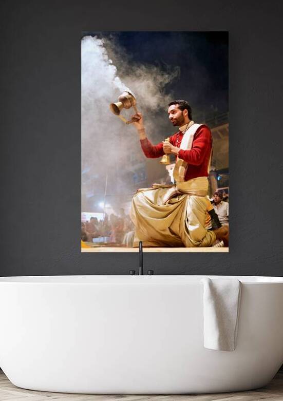 Aarti ceremony at the Ganges river in Varanasi during the evenin by Marco Brivio