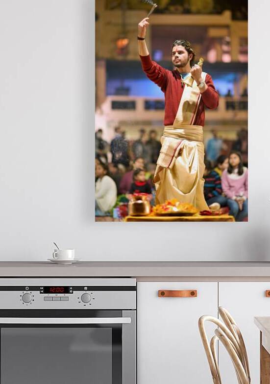 Hindu aarti ceremony at Ganges river in Varanasi during evening by Marco Brivio