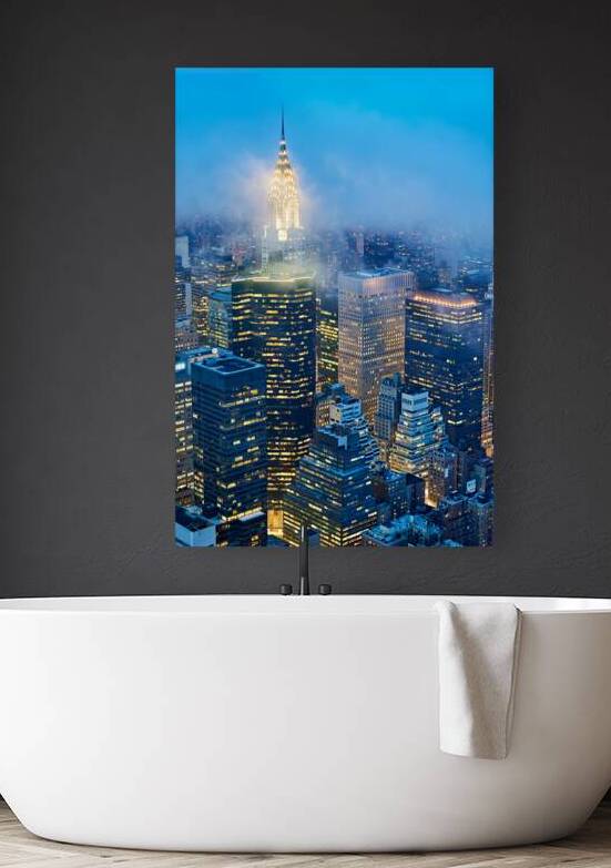 Aerial view of Manhattan skyline at dusk with Chrysler Building by Marco Brivio